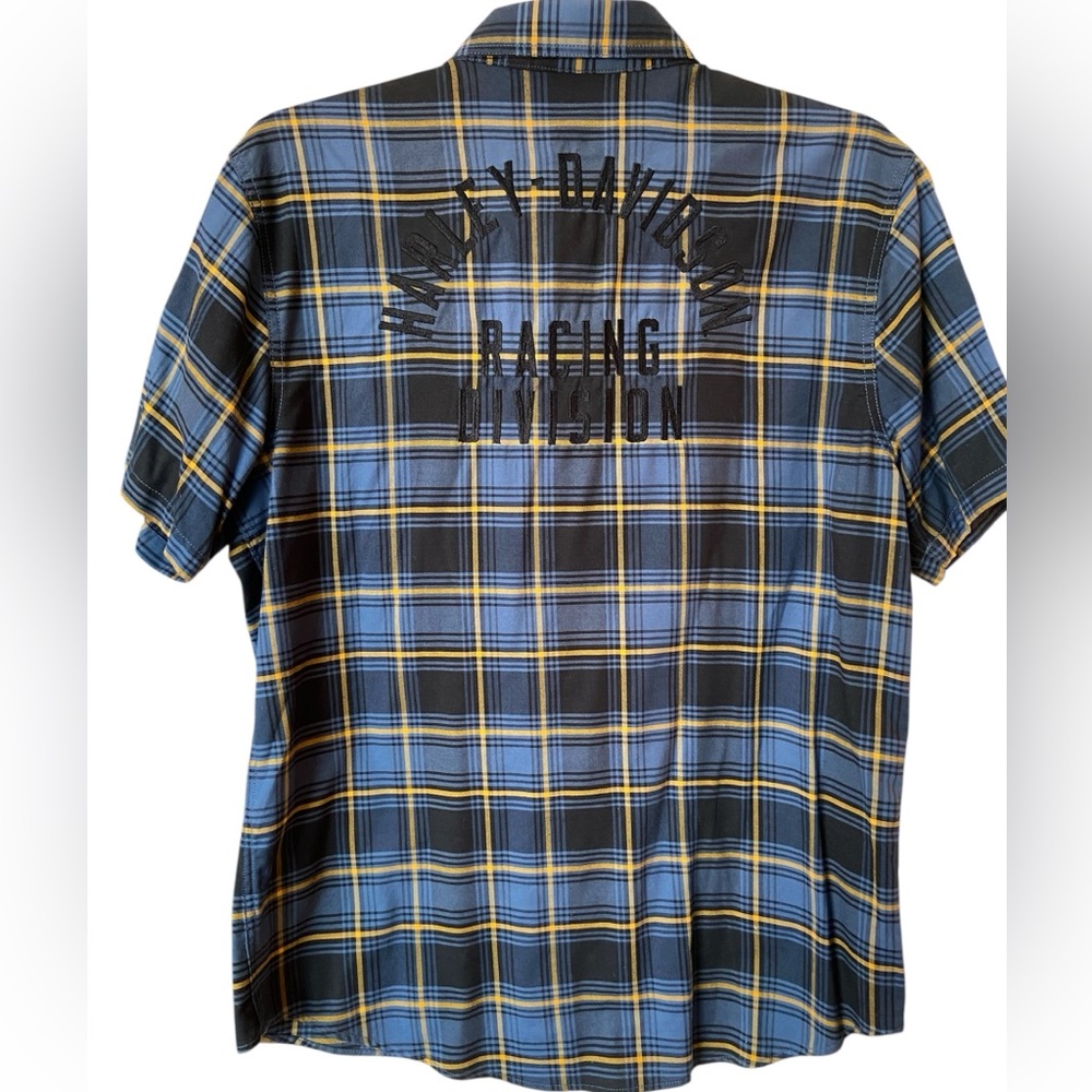 Harley Davidson men’s short sleeve plaid shirt, size Large, blue, black, yellow